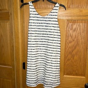 Alya Floral Lace Striped Sleeveless Mini A-line Dress Navy Blue White Medium